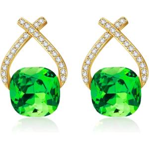 imageAustrian Crystal Drop Dangle Earrings  Plated 18KRose Gold Zircon Gemstone Birthstone Hanging Dangly Stud Earrings Jewelry Gift for Wife Mom Daughter GirlfriendLight GreenGold