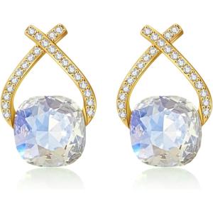 imageAustrian Crystal Drop Dangle Earrings  Plated 18KRose Gold Zircon Gemstone Birthstone Hanging Dangly Stud Earrings Jewelry Gift for Wife Mom Daughter GirlfriendWhiteGold