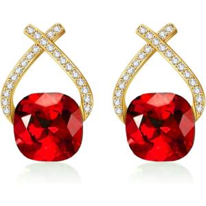 imageAustrian Crystal Drop Dangle Earrings  Plated 18KRose Gold Zircon Gemstone Birthstone Hanging Dangly Stud Earrings Jewelry Gift for Wife Mom Daughter GirlfriendRuby RedGold