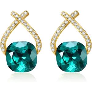 imageAustrian Crystal Drop Dangle Earrings  Plated 18KRose Gold Zircon Gemstone Birthstone Hanging Dangly Stud Earrings Jewelry Gift for Wife Mom Daughter GirlfriendZircon BlueGold