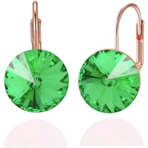 imageAustrian Crystal Round Drop Dangle Leverback Earrings  Plated 18KRose Gold Zircon Gemstone Birthstone Hoop Hanging Dangly Earrings Jewelry Gift for Wife Mom Daughter GirlfriendLight GreenRose Gold