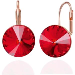 imageAustrian Crystal Round Drop Dangle Leverback Earrings  Plated 18KRose Gold Zircon Gemstone Birthstone Hoop Hanging Dangly Earrings Jewelry Gift for Wife Mom Daughter GirlfriendRuby RedRose Gold