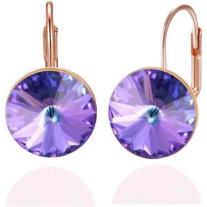 imageAustrian Crystal Round Drop Dangle Leverback Earrings  Plated 18KRose Gold Zircon Gemstone Birthstone Hoop Hanging Dangly Earrings Jewelry Gift for Wife Mom Daughter GirlfriendLight PurpleRose Gold
