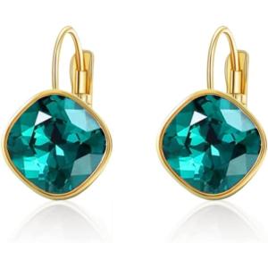 imageAustrian Crystal Square Drop Dangle Leverback Earrings  Plated 18KRose Gold Zircon Gemstone Birthstone Hoop Hanging Dangly Earrings Jewelry Gift for Wife Mom Daughter GirlfriendZircon BlueGold