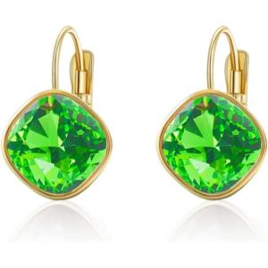 imageAustrian Crystal Square Drop Dangle Leverback Earrings  Plated 18KRose Gold Zircon Gemstone Birthstone Hoop Hanging Dangly Earrings Jewelry Gift for Wife Mom Daughter GirlfriendLight GreenGold