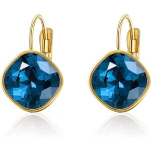 imageAustrian Crystal Square Drop Dangle Leverback Earrings  Plated 18KRose Gold Zircon Gemstone Birthstone Hoop Hanging Dangly Earrings Jewelry Gift for Wife Mom Daughter GirlfriendSapphire BlueGold
