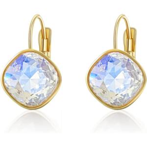 imageAustrian Crystal Square Drop Dangle Leverback Earrings  Plated 18KRose Gold Zircon Gemstone Birthstone Hoop Hanging Dangly Earrings Jewelry Gift for Wife Mom Daughter GirlfriendWhiteGold