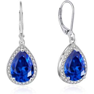 imageCrystal Gemstone Drop Dangle Leverback Earrings Plated 18k Gold Teardrop Oval Pear Zircon Diamond Birthstone Jewelry Set Gift for Wife Mom Daughter GirlfriendSapphire Blue