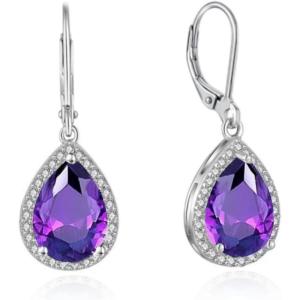 imageCrystal Gemstone Drop Dangle Leverback Earrings Plated 18k Gold Teardrop Oval Pear Zircon Diamond Birthstone Jewelry Set Gift for Wife Mom Daughter GirlfriendAmethyst Violet Purple