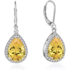 imageCrystal Gemstone Drop Dangle Leverback Earrings Plated 18k Gold Teardrop Oval Pear Zircon Diamond Birthstone Jewelry Set Gift for Wife Mom Daughter GirlfriendCitrine Yellow