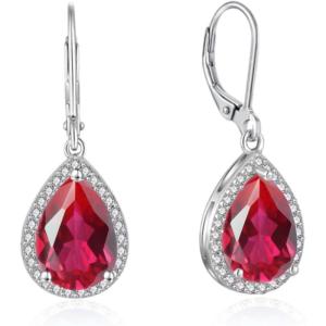 imageCrystal Gemstone Drop Dangle Leverback Earrings Plated 18k Gold Teardrop Oval Pear Zircon Diamond Birthstone Jewelry Set Gift for Wife Mom Daughter GirlfriendGarnet Red