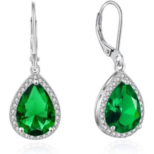 imageCrystal Gemstone Drop Dangle Leverback Earrings Plated 18k Gold Teardrop Oval Pear Zircon Diamond Birthstone Jewelry Set Gift for Wife Mom Daughter GirlfriendEmerald Green