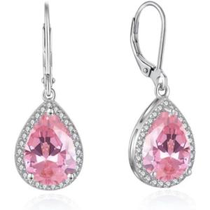 imageCrystal Gemstone Drop Dangle Leverback Earrings Plated 18k Gold Teardrop Oval Pear Zircon Diamond Birthstone Jewelry Set Gift for Wife Mom Daughter GirlfriendPink