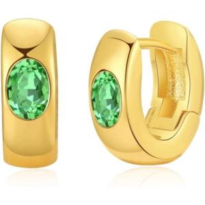 imageCrystal Huggie Cartilage Hoop Cuff Earrings  18k Gold Plated Gemstone Zircon CZ Earrings Preppy Dainty Jewelry Set Gift for Wife Mom DaughterLight GreenGold
