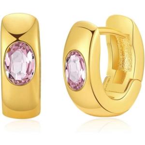 imageCrystal Huggie Cartilage Hoop Cuff Earrings  18k Gold Plated Gemstone Zircon CZ Earrings Preppy Dainty Jewelry Set Gift for Wife Mom DaughterPinkGold