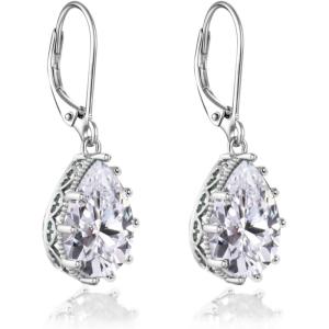 imageCrystal Zircon Drop Dangle Leverback Earrings Plated 18k Gold Teardrop Oval Pear Gemstone Birthstone Jewelry Set Gift for Wife Mom Daughter Girlfriend HerDiamond White
