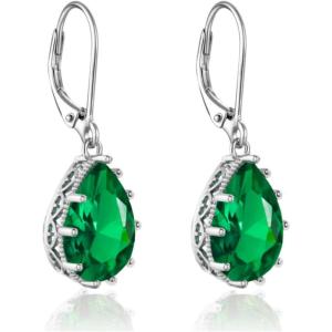 imageCrystal Zircon Drop Dangle Leverback Earrings Plated 18k Gold Teardrop Oval Pear Gemstone Birthstone Jewelry Set Gift for Wife Mom Daughter Girlfriend HerEmerald Green