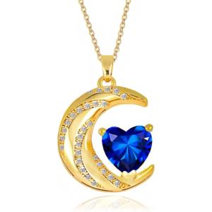 imageCrystal Zircon Moon Heart Pendant Crescent Necklace  Plated 18k Gold Gemstone Birthstone Statement Planet Diamond Jewelry Gift for Wife Mom Daughter GirlfriendSapphire Blue