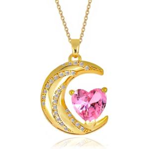 imageCrystal Zircon Moon Heart Pendant Crescent Necklace  Plated 18k Gold Gemstone Birthstone Statement Planet Diamond Jewelry Gift for Wife Mom Daughter GirlfriendPink
