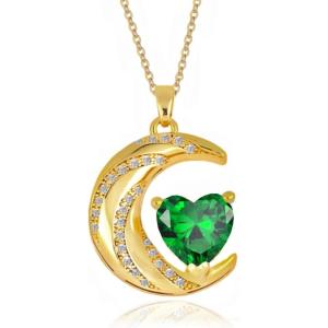 imageCrystal Zircon Moon Heart Pendant Crescent Necklace  Plated 18k Gold Gemstone Birthstone Statement Planet Diamond Jewelry Gift for Wife Mom Daughter GirlfriendEmerald Green
