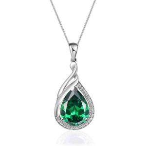 imageCrystal Zircon Pendant 925 Sterling Silver Necklace  Teardrop Pear Oval Gemstone Birthstone Jewelry Gift for Wife Mom Daughter GirlfriendEmerald Green