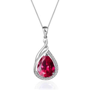 imageCrystal Zircon Pendant 925 Sterling Silver Necklace  Teardrop Pear Oval Gemstone Birthstone Jewelry Gift for Wife Mom Daughter GirlfriendRuby Red