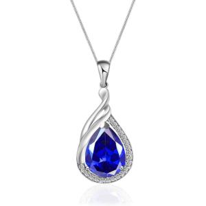 imageCrystal Zircon Pendant 925 Sterling Silver Necklace  Teardrop Pear Oval Gemstone Birthstone Jewelry Gift for Wife Mom Daughter GirlfriendSapphire Blue