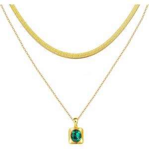 imageTrendy Separate Layered Choker Pendant Necklace  18k Gold Plated Snake Herringbone Flat Stackable Chain Rectangle Gemstone Crystal Zircon Necklace  Preppy Dainty Jewelry Set GiftEmerald Green