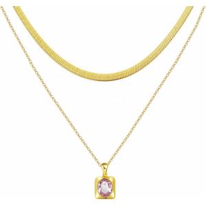 imageTrendy Separate Layered Choker Pendant Necklace  18k Gold Plated Snake Herringbone Flat Stackable Chain Rectangle Gemstone Crystal Zircon Necklace  Preppy Dainty Jewelry Set GiftPink