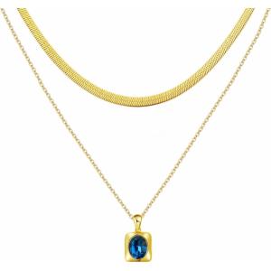 imageTrendy Separate Layered Choker Pendant Necklace  18k Gold Plated Snake Herringbone Flat Stackable Chain Rectangle Gemstone Crystal Zircon Necklace  Preppy Dainty Jewelry Set GiftSapphire Blue