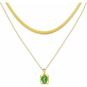 imageTrendy Separate Layered Choker Pendant Necklace  18k Gold Plated Snake Herringbone Flat Stackable Chain Rectangle Gemstone Crystal Zircon Necklace  Preppy Dainty Jewelry Set GiftLight Green