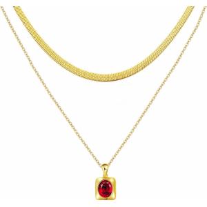 imageTrendy Separate Layered Choker Pendant Necklace  18k Gold Plated Snake Herringbone Flat Stackable Chain Rectangle Gemstone Crystal Zircon Necklace  Preppy Dainty Jewelry Set GiftRuby Red